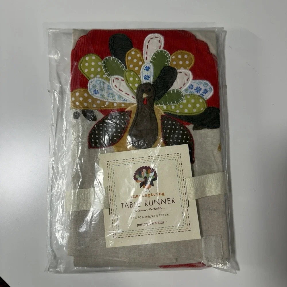 POTTERY BARN KIDS Turkey Quilted Table Runner 17x70 Linen Cotton Thanksgiving